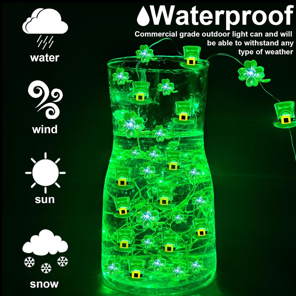 2 Pack St Patricks Day Decorations, Total 20FT 80LED Shamrocks Leprechaun Hat String Lights Timer Waterproof Lucky Clover Green Fairy Lights Battery Operated for St. Patrick's Day Decor Bedroom Party