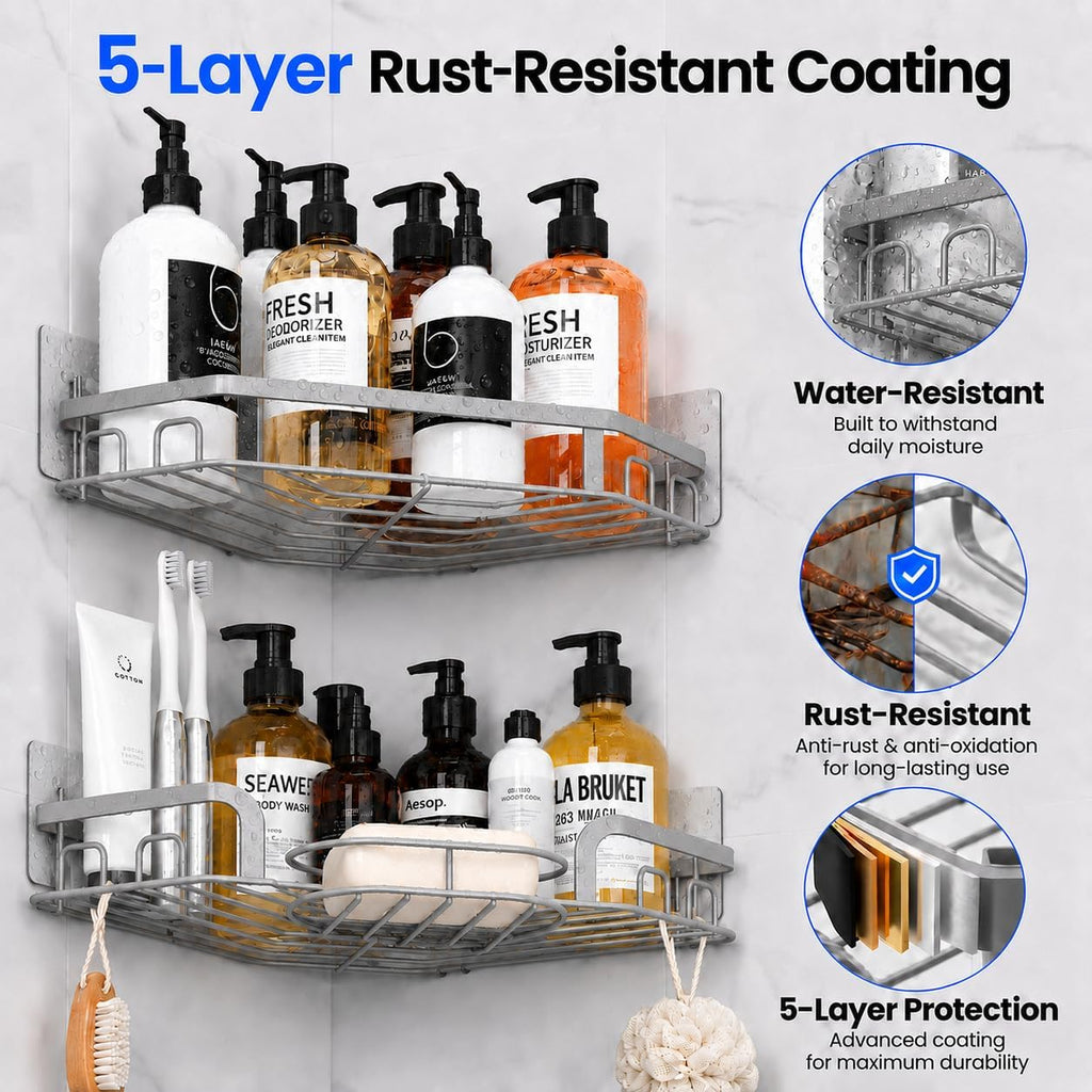 Corner Shower Caddy, Rustproof Shower Organizer with Soap Holder and 8 Hooks, No Drilling Adhesive Shower Shelves for Inside Shower, Large Capacity Shower Rack for Bathroom Shower Storage, Sliver
