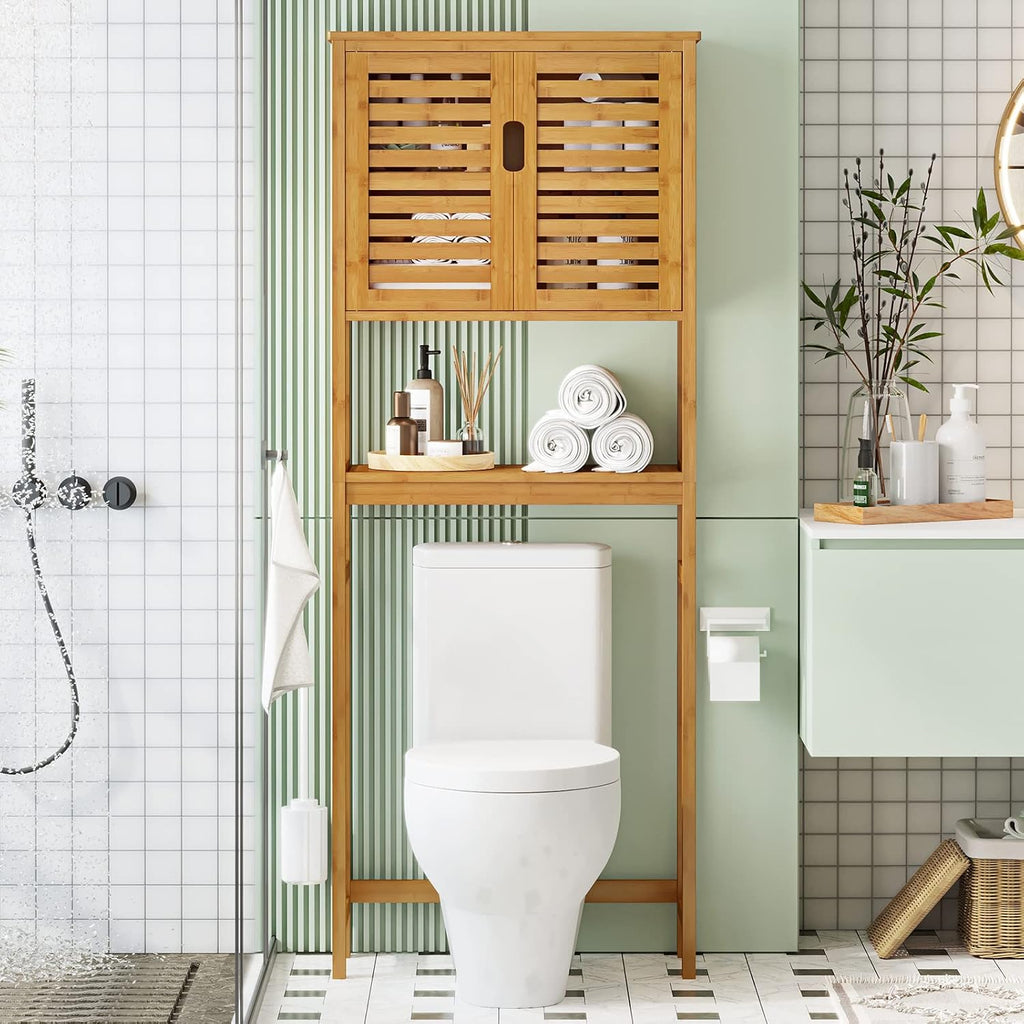 VIAGDO Over The Toilet Storage Cabinet, Tall Bathroom Cabinet Organizer with Cupboard and Adjustable Shelves, Freestanding Toilet Shelf Space Saver Rack Stand for Laundry Room, Balcony, Bamboo