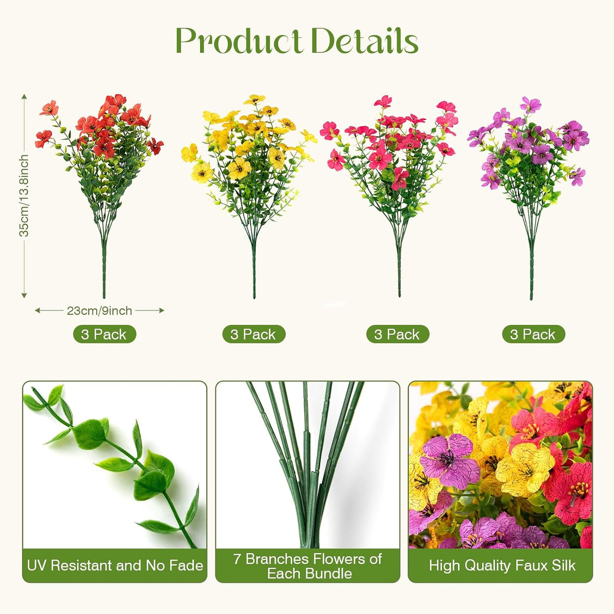 12 Bundles Artificial Flowers for Outdoors, Fake Silk Plastic Flowers for Outside, UV Resistant Faux Plants for Outside Garden Porch Window Home Planters Decoration (4 Multicolor)