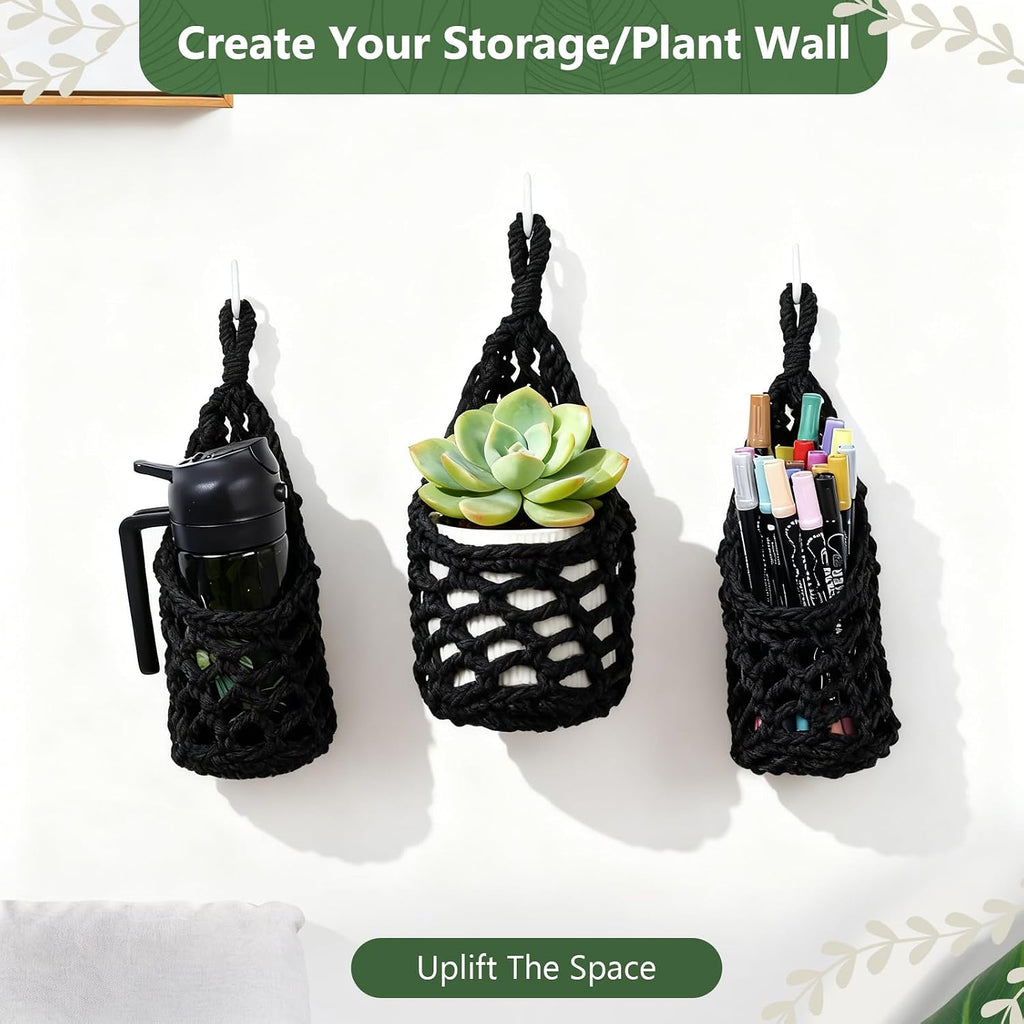 Macrame Wall Plant Hanger, Small Hanging Planter Basket Holder, Wall Planters for Indoor Plants, for Up to 4 Inch Pot (Black, 4-Inch)