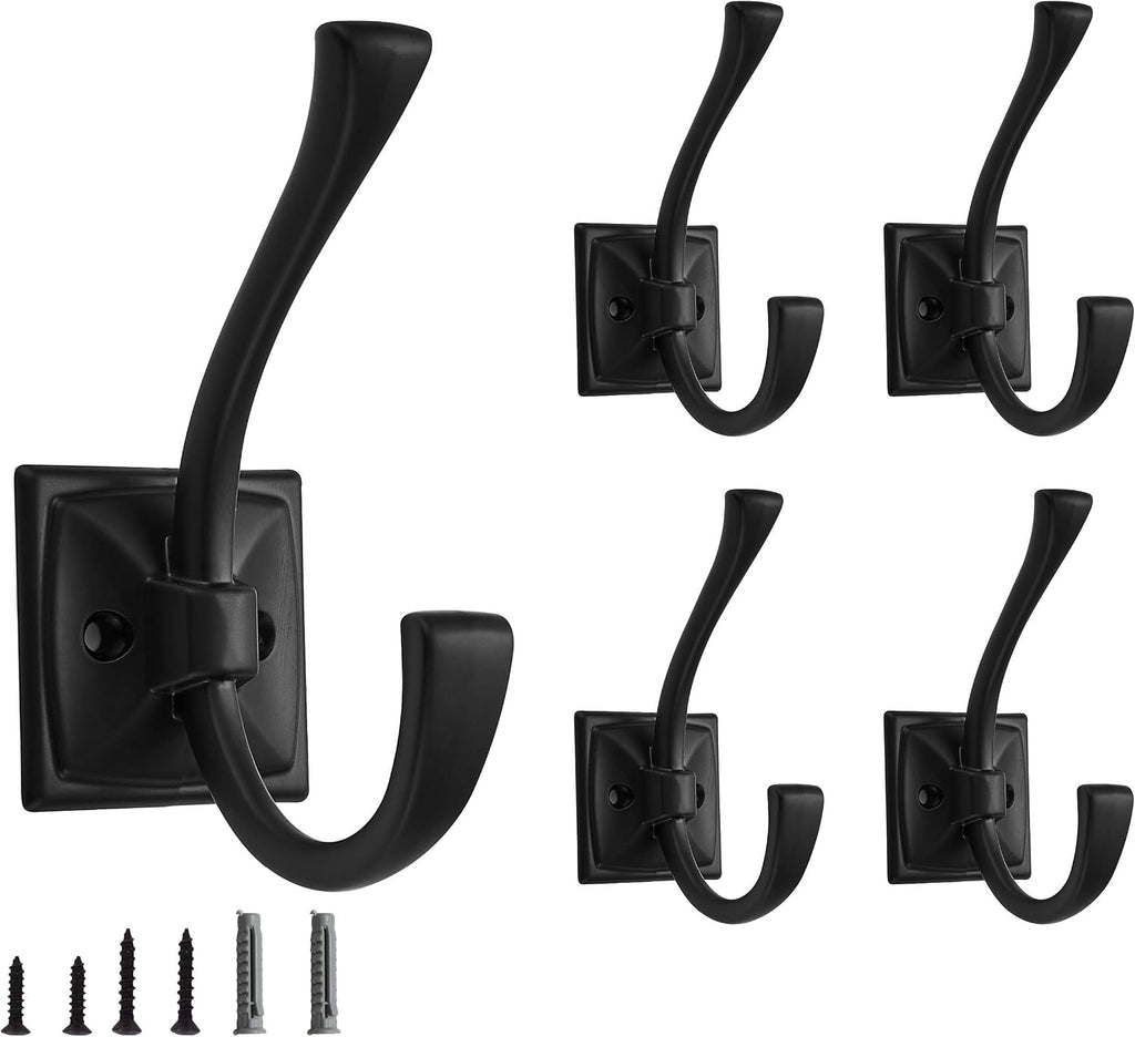 5 Pack Decorative Heavy Duty Towel Hooks for Hanging Robe Double Matte Black Coat Hooks Wall Mounted with Screws for Key, Towel, Bags, Cup, Hat