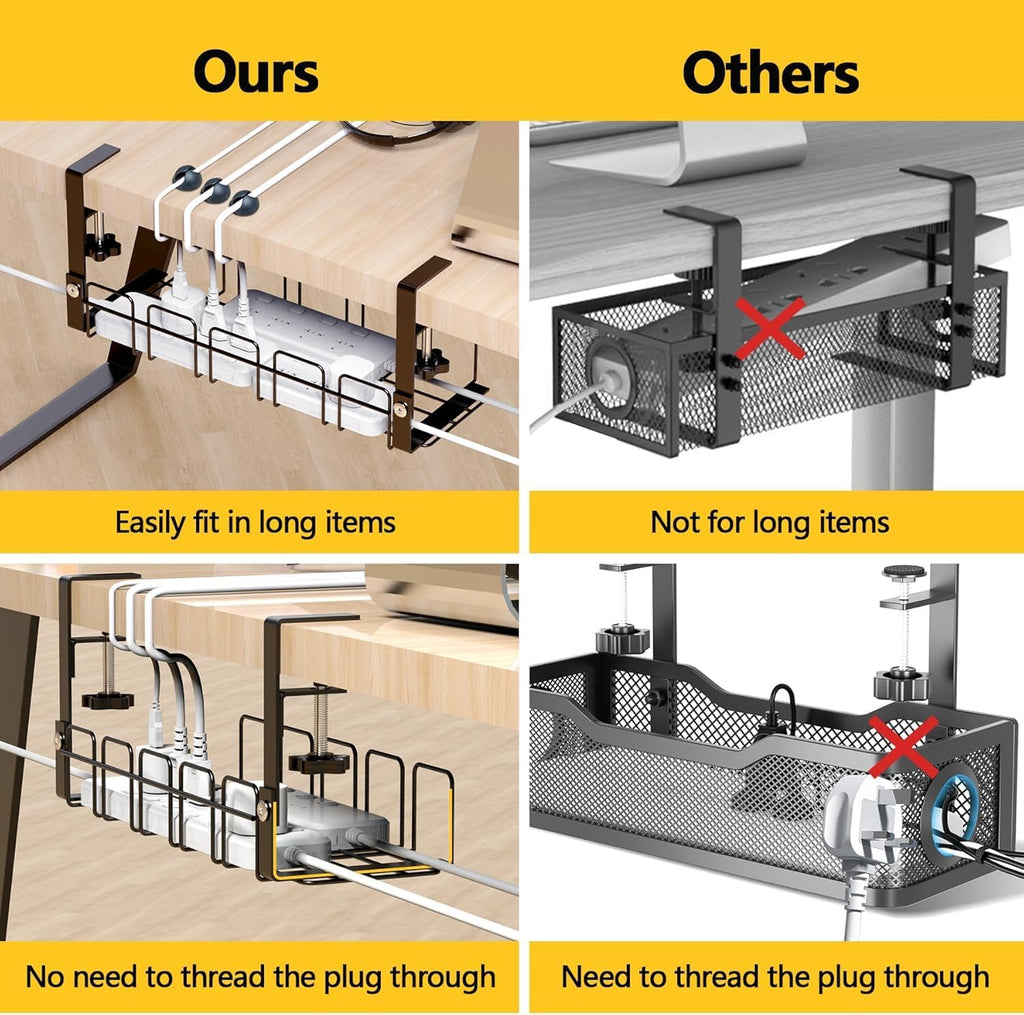 15.7 Inch Under Desk Cable Management Tray - Black No Punch Wire Organizer Holder, Sturdy Metal Rack for Power Strip, Desk Cable Organizer for Home, Office, Standing Desk, Gaming & Streaming Setup