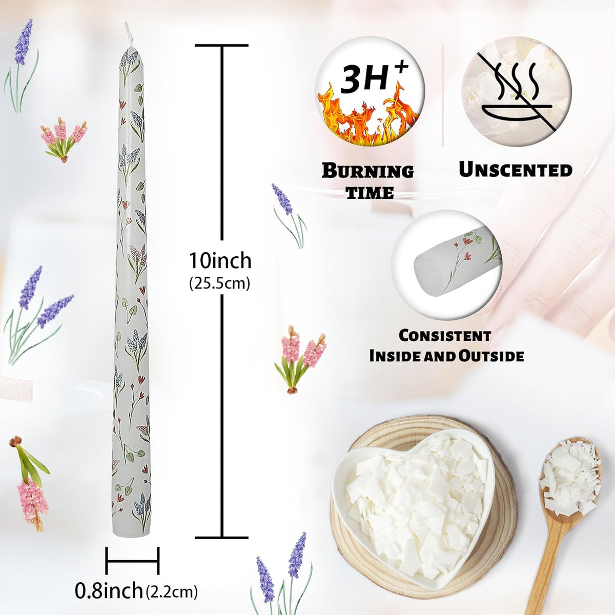 Floral Taper Candle Spiral Candlesticks - Set of 4 Trefoil Unscented Twisted Candle 10 Inch Cute Candle Sticks Print Tapered Candles for Home Wedding Dinner