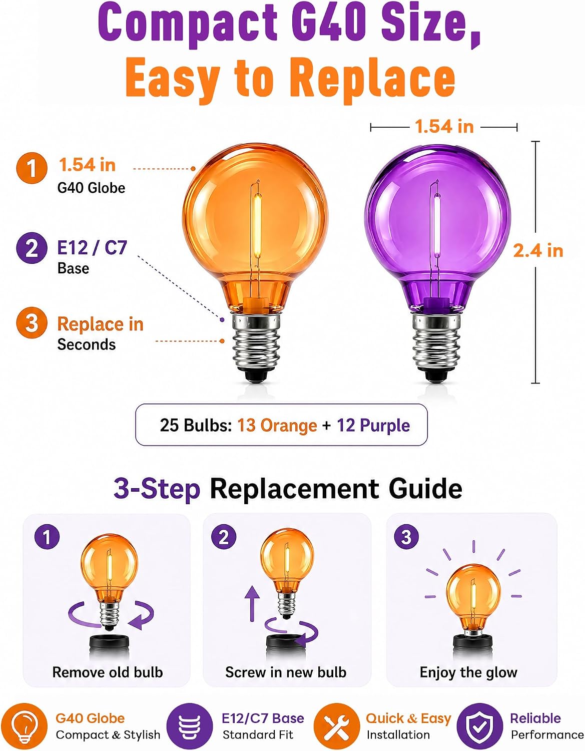 Abeja G40 Purple Orange LED Replacement Bulbs, 0.6W Halloween Bulb Shatterproof Waterproof Outdoor String Lights Bulb for Indoor Outdoor Halloween Patio String Lights, 25 Pack