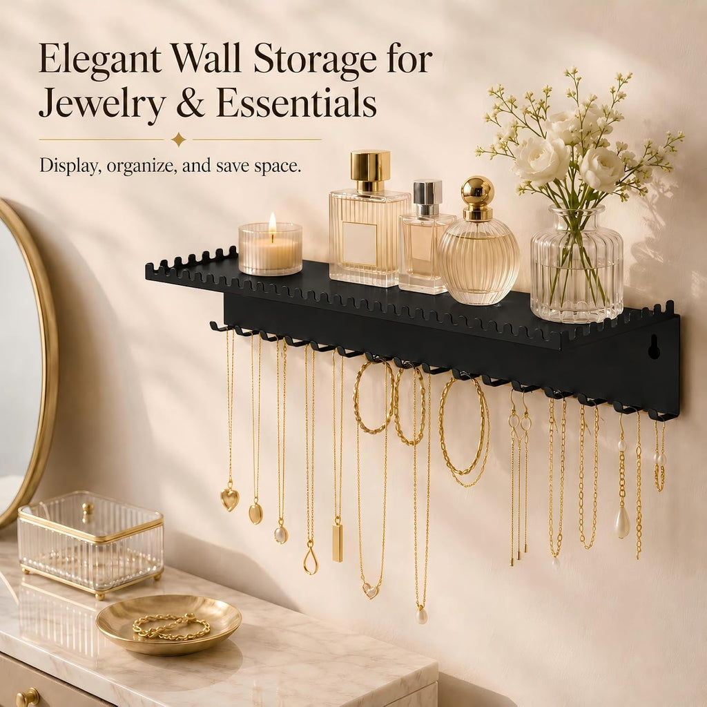 Wall Mounted Necklace Holder with Shelf, Wall Jewelry Organizer,Black