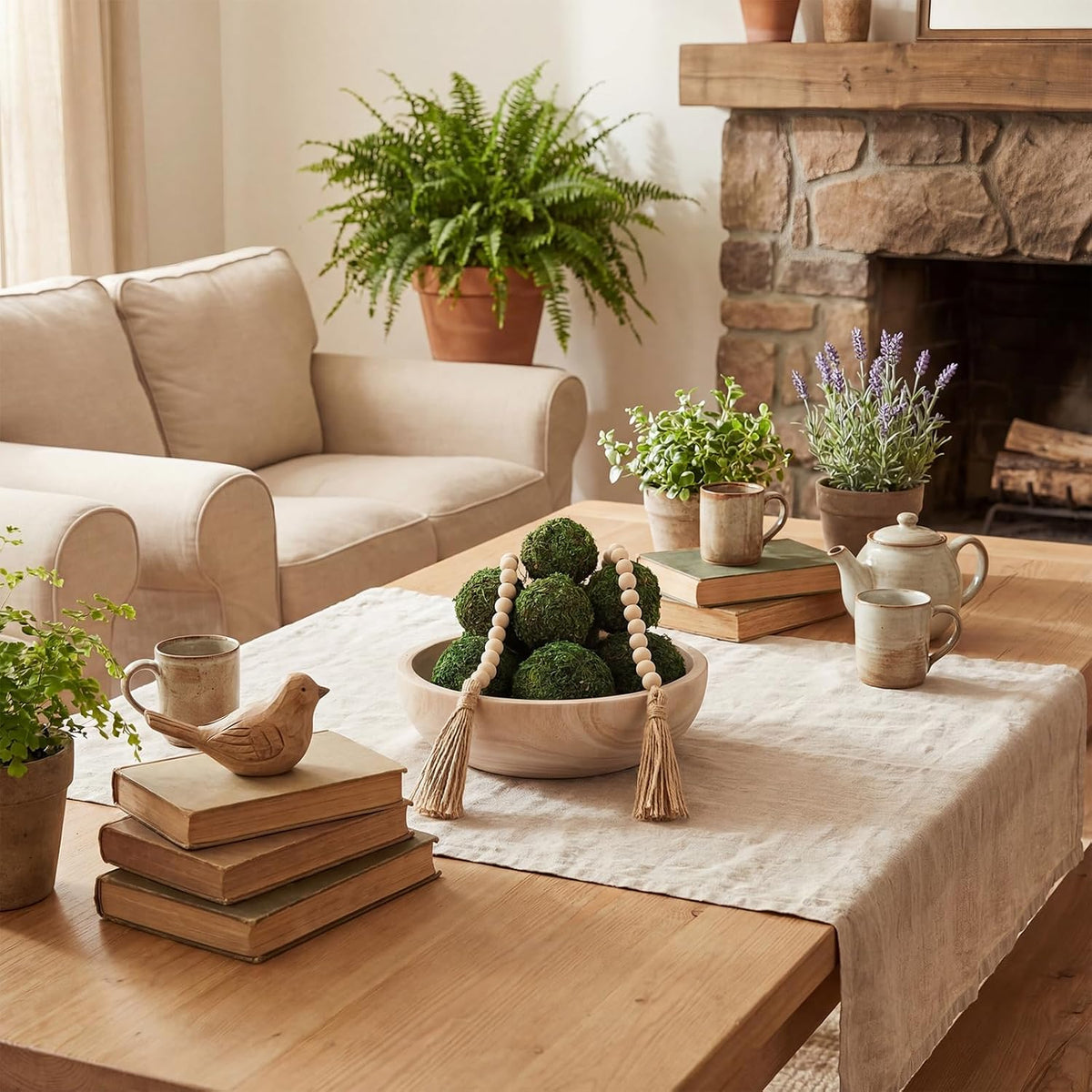 SiliFine 14 Pcs Rustic Table Decor Set, Wooden Bowl with Moss Balls, White