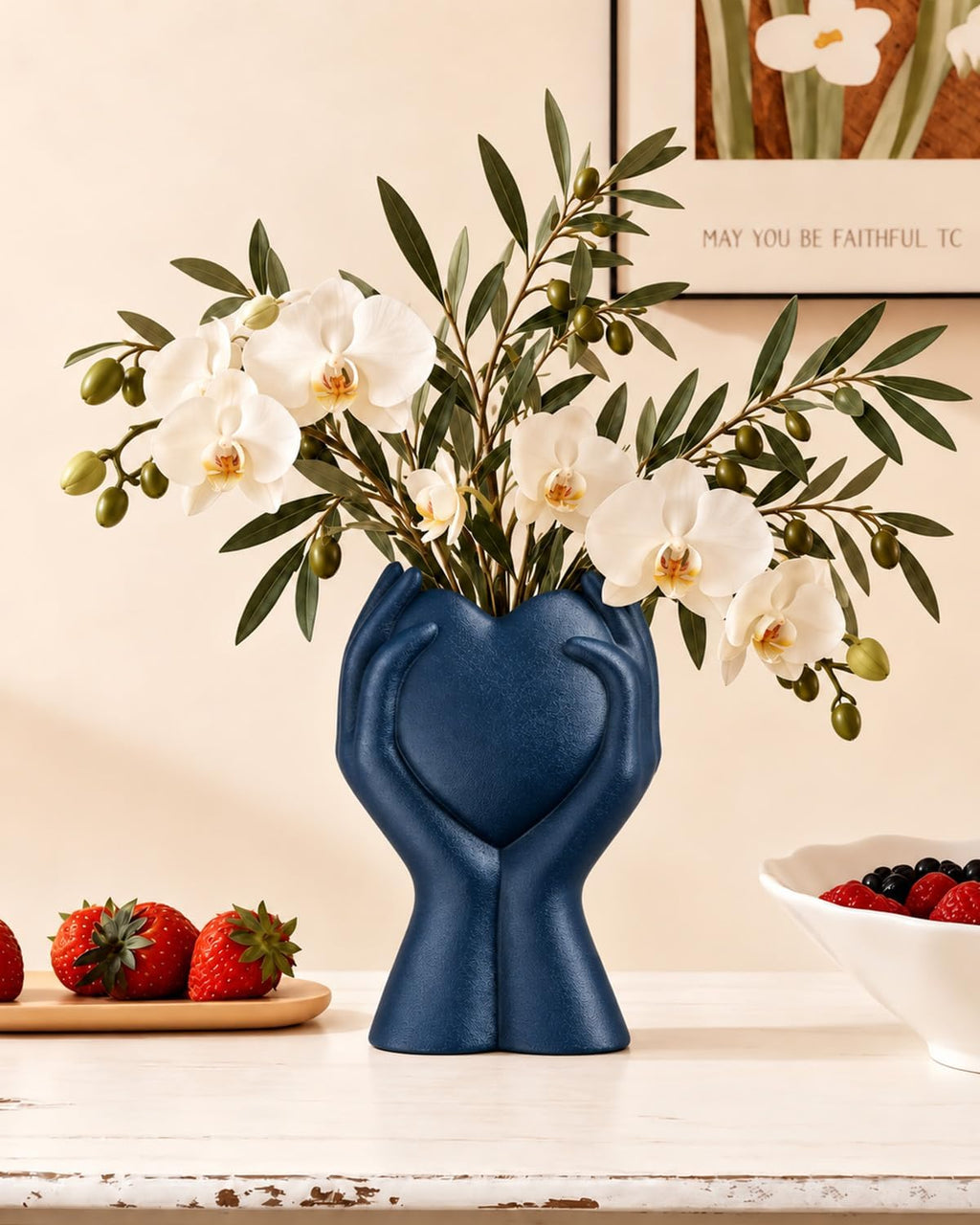 8" Heart Hand Navy Blue Ceramic Vase - Unique Modern Aesthetic Flowers Vase for Living Room Bedroom Office Kitchen Table Centerpiece or Shelf Decor-Gifts for Wedding Bridal Shower Women Mom (Blue)