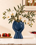 8" Heart Hand Navy Blue Ceramic Vase - Unique Modern Aesthetic Flowers Vase for Living Room Bedroom Office Kitchen Table Centerpiece or Shelf Decor-Gifts for Wedding Bridal Shower Women Mom (Blue)