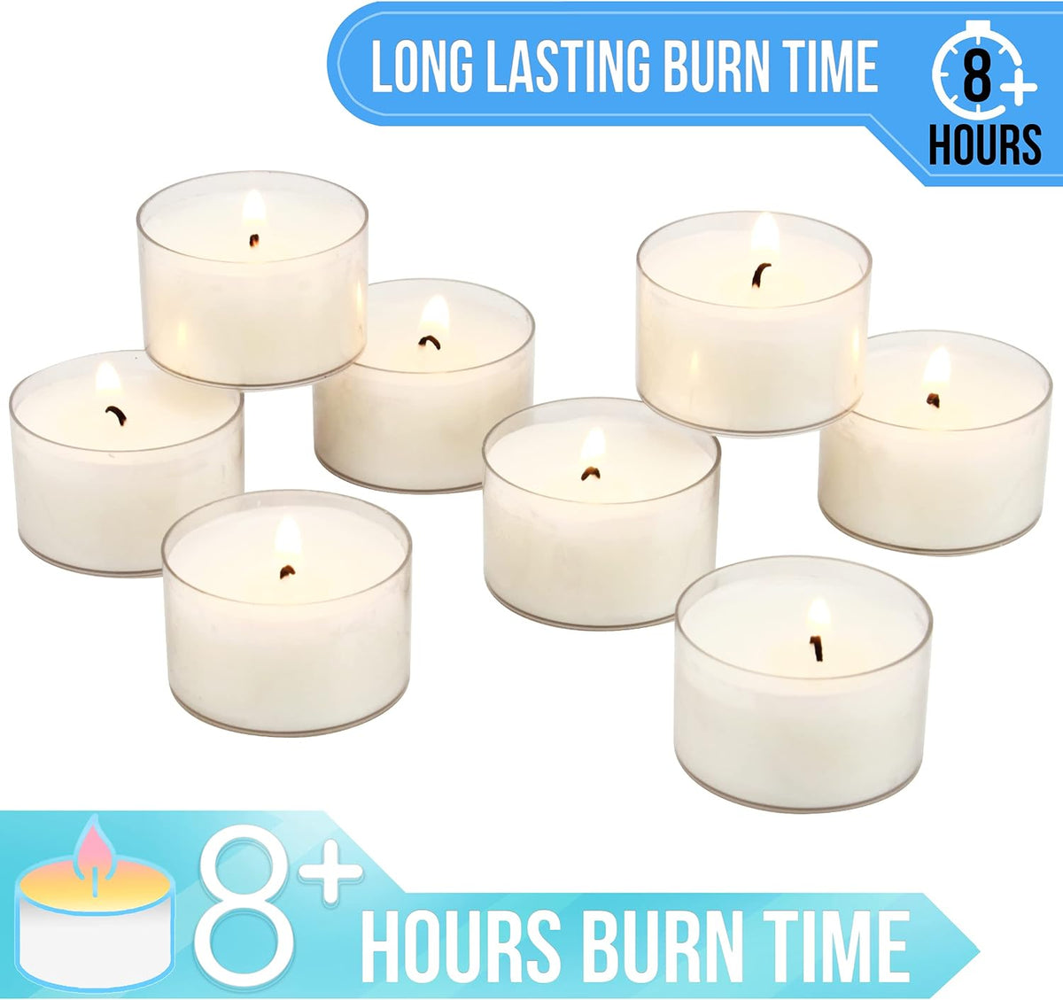 Stonebriar Bulk 96 Pack Unscented Smokeless Long Burning Clear Cup Tea Light Candles with 8 Hour Extended Burn Time, White