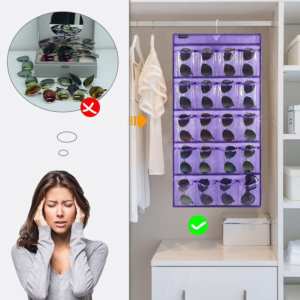 Dual Sided Hanging Sunglasses Organizer Storage Wall Mounted Eyeglasses Holder Eyewear Display Case with 40 Clear Slots (40 Pockets-Purple)