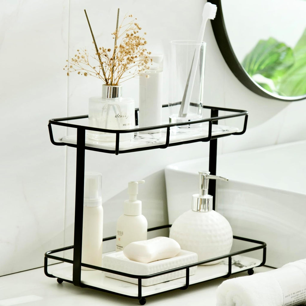 Bathroom Organizer Countertop Perfume Organizer Makeup Organizer Cosmetics Storage Display Rack Vanity Tray Dresser Stainless Steel Gold Shelf White Marble Ceramic Tray (2 Tier L-Black)