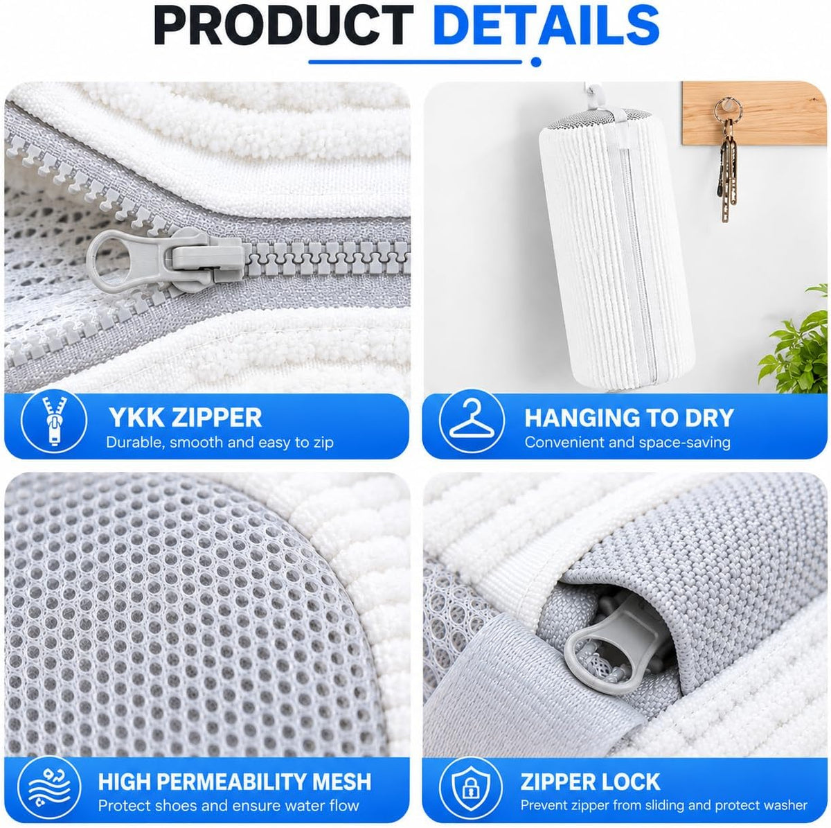 2 Pack Shoe Washing Machine Bag, Laundry Shoe Bag for Washer and Dryer, Reusable Shoe Cleaning Bag for Sneakers and All Shoes Types with Self-Locking Zipper(Pure White)