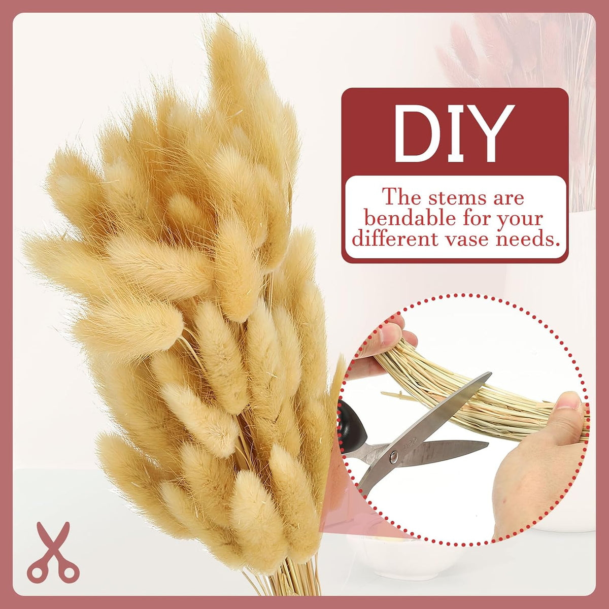 PATIKIL 15.7in Bunny Tails Dried Flowers, 120pcs Pampas Grass Decor Rabbit Tail Natural Pampas Grass Bulk Fluffy Faux Pampas Grass Dried for Home Boho Decor Vase Wedding Table, Beige