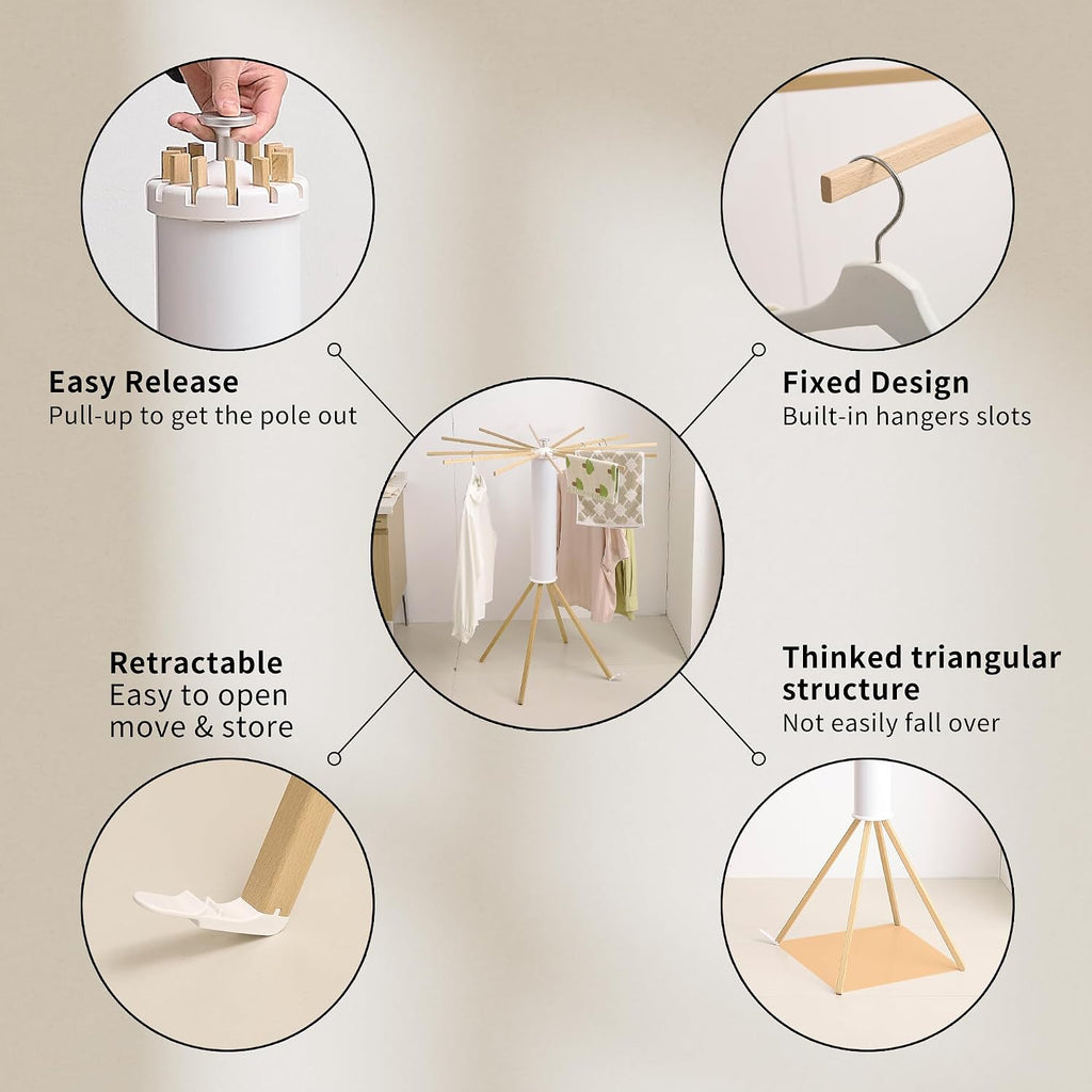 RFOUO Foldable Clothes Drying Rack with Wooden 12 Rods