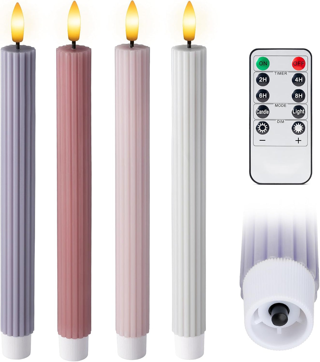 Coordinated Dusty Mauve Pinkish Lilac 4 Pack, 10" Real Wax LED Flameless Fluted Ribbed Grooved Taper Candles, Remote & Timer Memory, On/Off Button, Dimmable, Battery Operated, Menorah Wedding