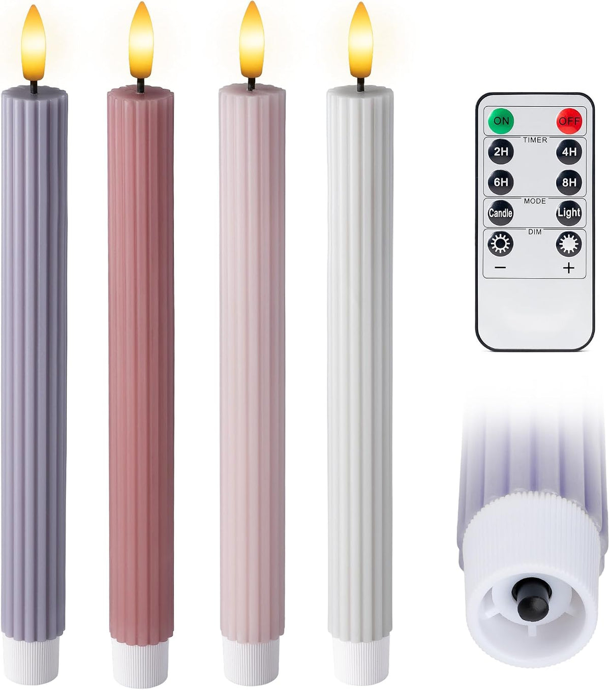 Coordinated Dusty Mauve Pinkish Lilac 4 Pack, 10" Real Wax LED Flameless Fluted Ribbed Grooved Taper Candles, Remote & Timer Memory, On/Off Button, Dimmable, Battery Operated, Menorah Wedding