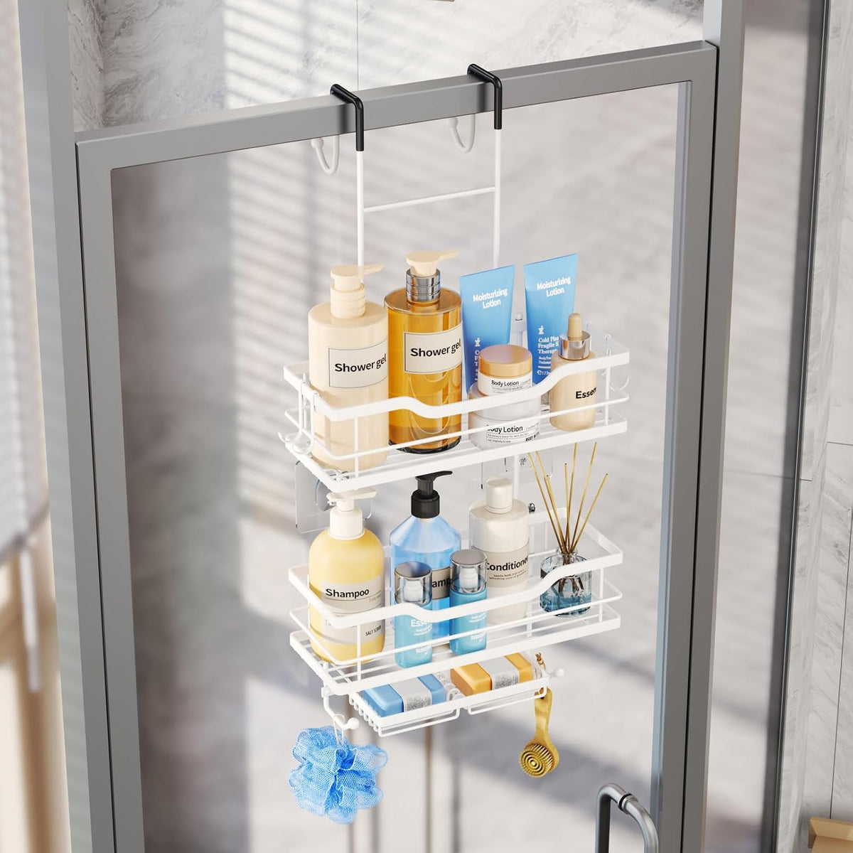 Consumest Over The Door Shower Caddy - 3 Tier Shower Organizer Hanging with Soap Holders, Large Capacity Shower Shelves with 6 Hooks, Bathroom Rack and Storage, White
