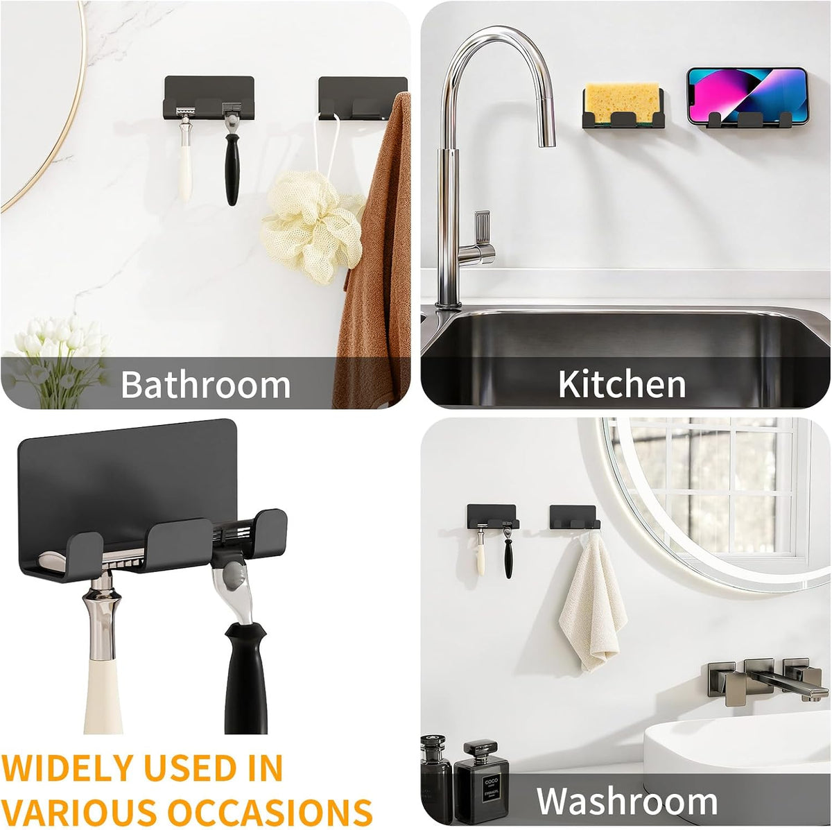 Razor Holder for Shower, Self Adhesive Shaver Shower Hook, Black