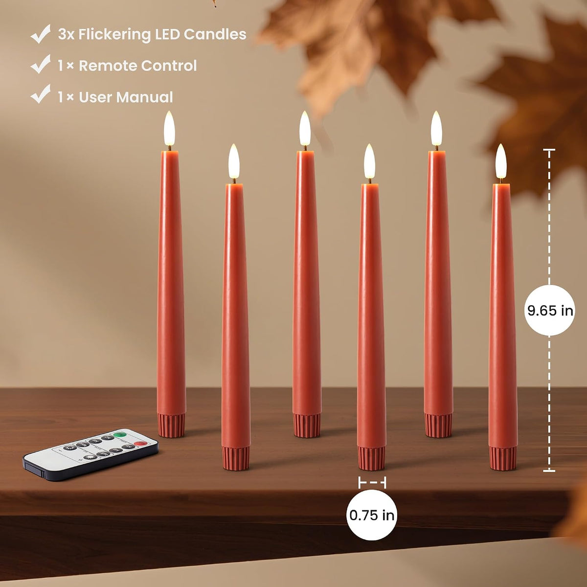 Fall Taper Candles Flameless Burnt Orange Candle Sticks, Terracotta, 3 Pack