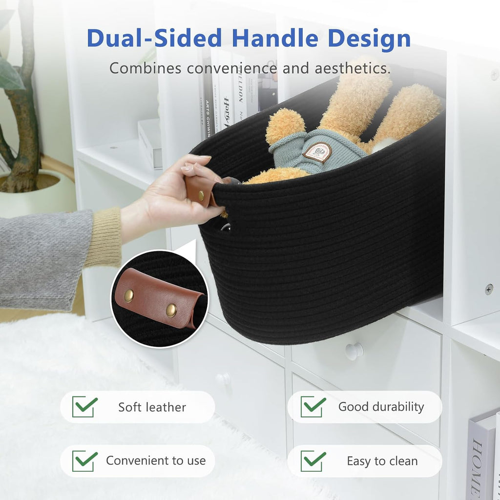 ECDYQXVU 15x10x9 Black Woven Cotton Rope Storage Basket Handles 1 Pack