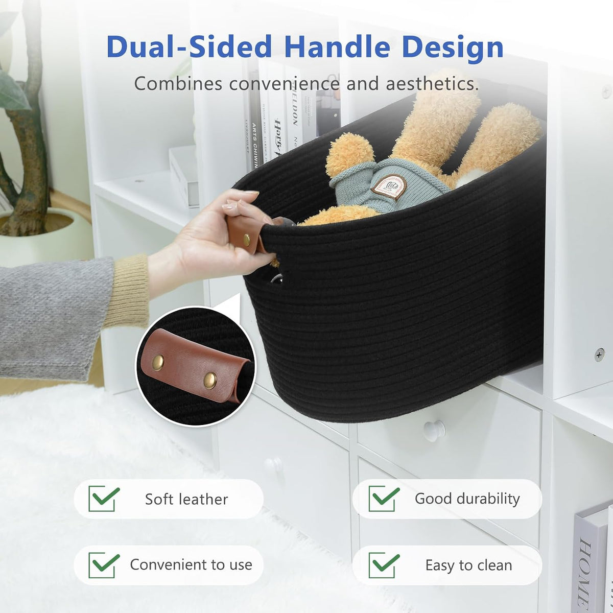 ECDYQXVU 15x10x9 Black Woven Cotton Rope Storage Basket Handles 1 Pack