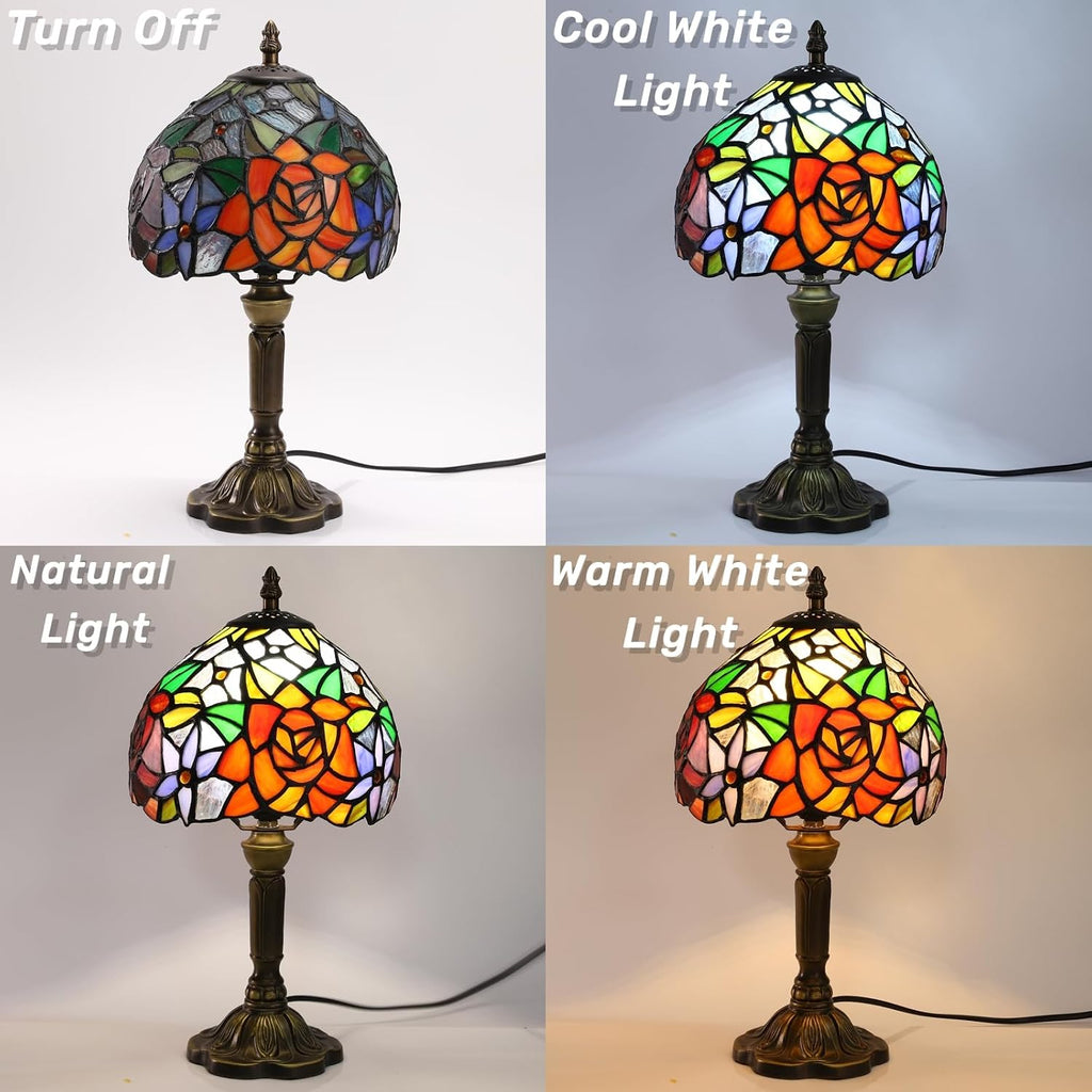 Rose Tiffany Small Table Lamp 3 Way Color Temperatures Stained Glass Bedside Nightstand Table Lamps for Living Room,Bedroom, Home Office Reading Desk Lamp+LED Bulb,8X8X15 Inch