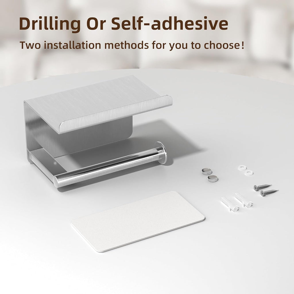 Adhesive Toilet Paper Holder with Shelf, Stainless Steel, Silver