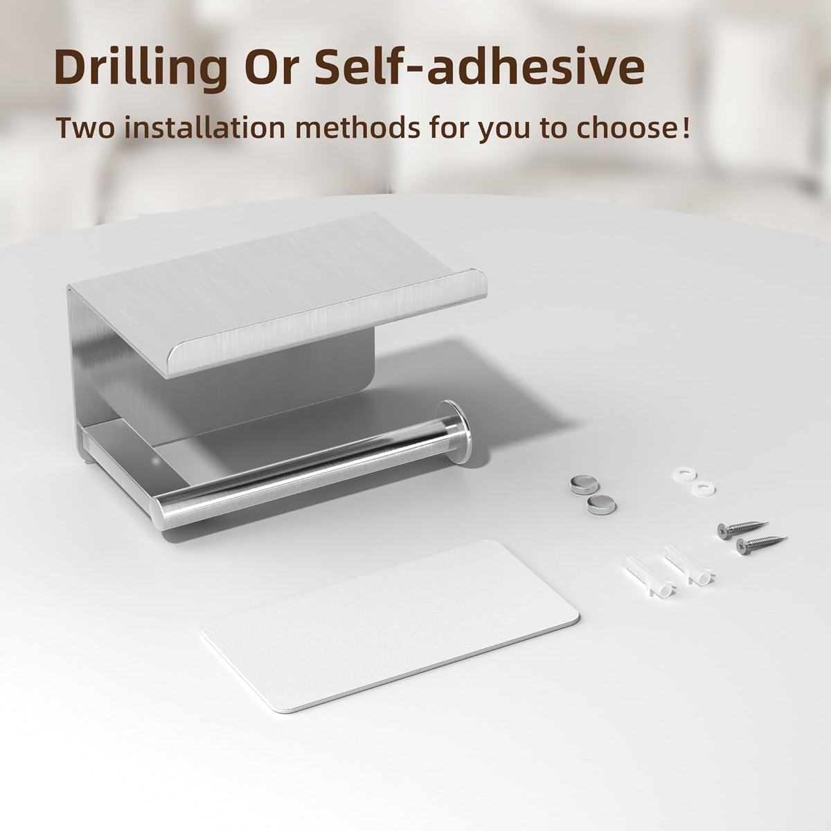 Adhesive Toilet Paper Holder with Shelf, Stainless Steel, Silver