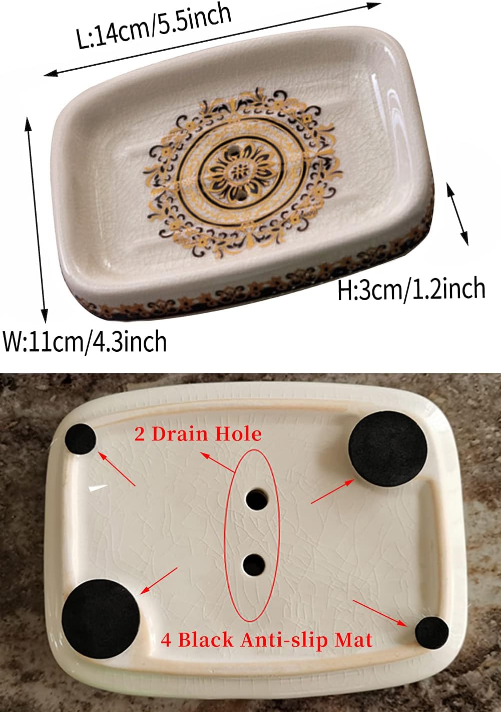 Kelake Ceramic Soap Dish Creative Ice Crack Ceramic French Sunflower Pattern Soap Dish Holder for Bathroom and Shower Soap Tray Box with Drain Gift for Mum Family