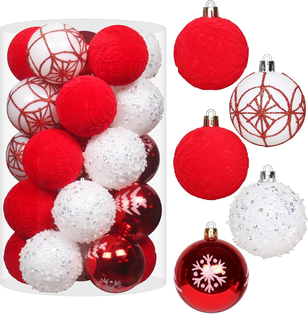 25PCS 2.36In Velvet Red/White Christmas Ball Tree Ornaments Decorations Set
