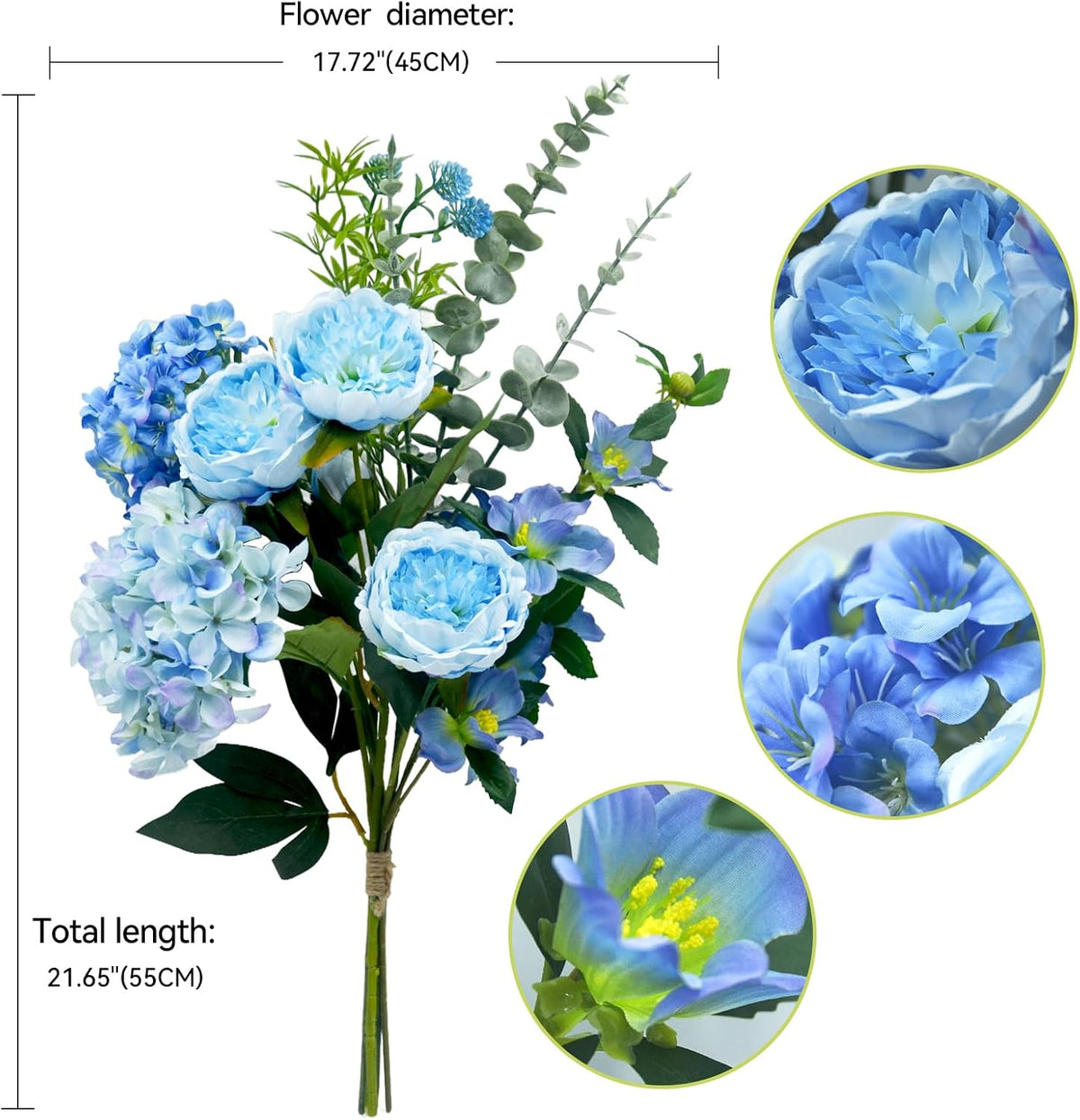 Artificial Flowers Bouquet – Fake Silk Hydrangea Peony and Eucalyptus Mix, Faux Flower Arrangements for Home, Office Decor and Dining Table Centerpieces (Blue)