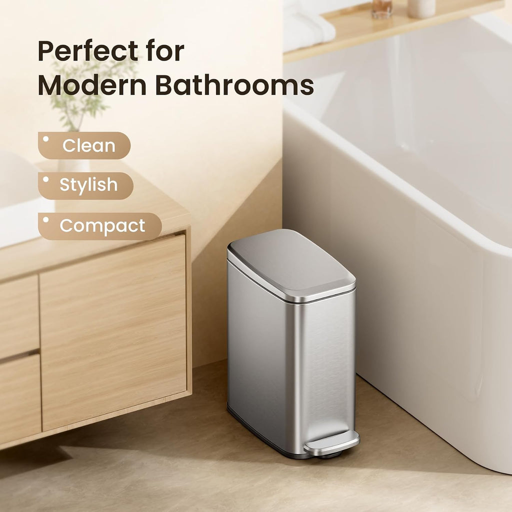 Cesun Slim Bathroom Trash Can with Lid, Soft Close, Silver, 6L/1.6 Gallon