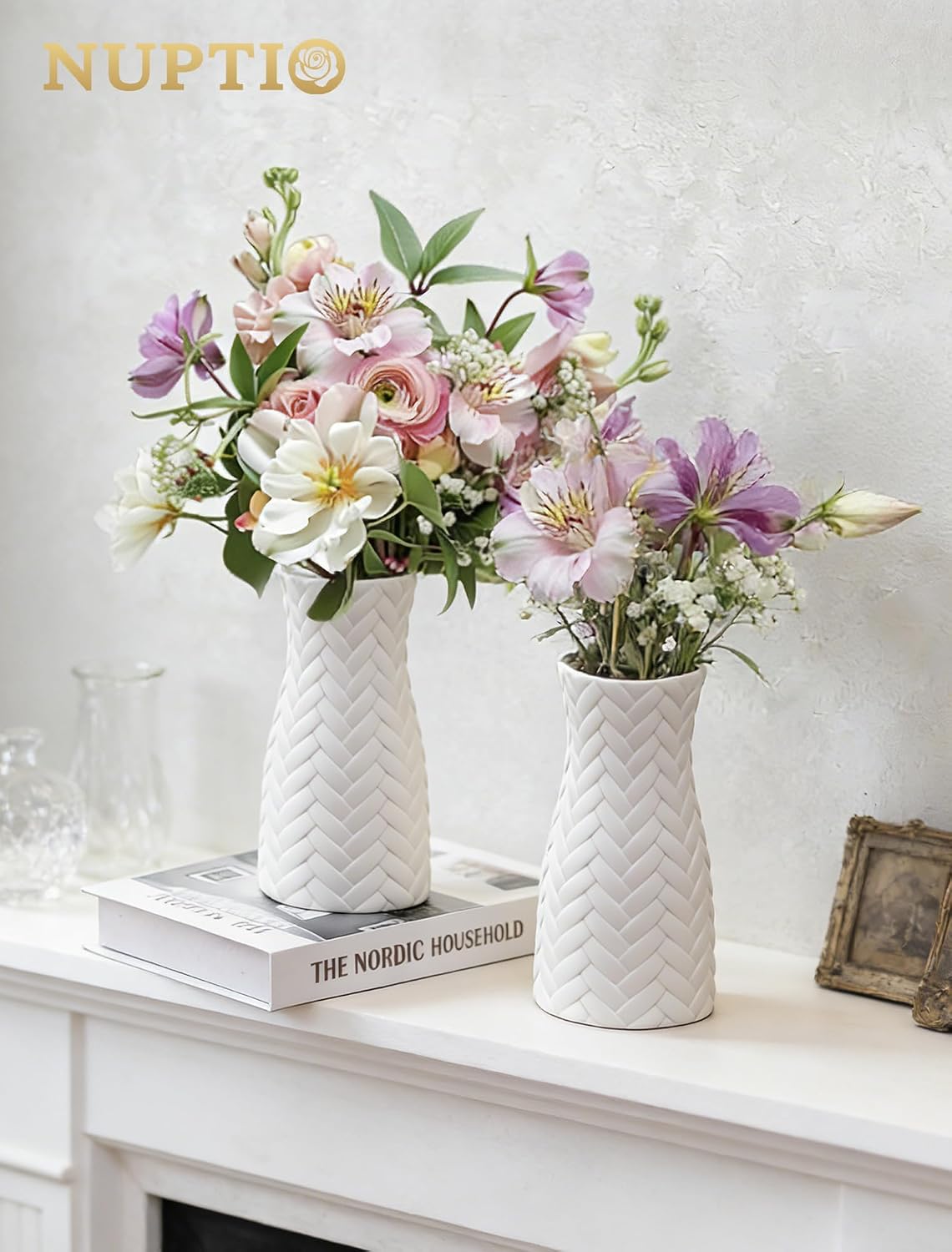 NUPTIO White Ceramic Flower Vase, Woven Texture, 7.9" Tall, Unglazed