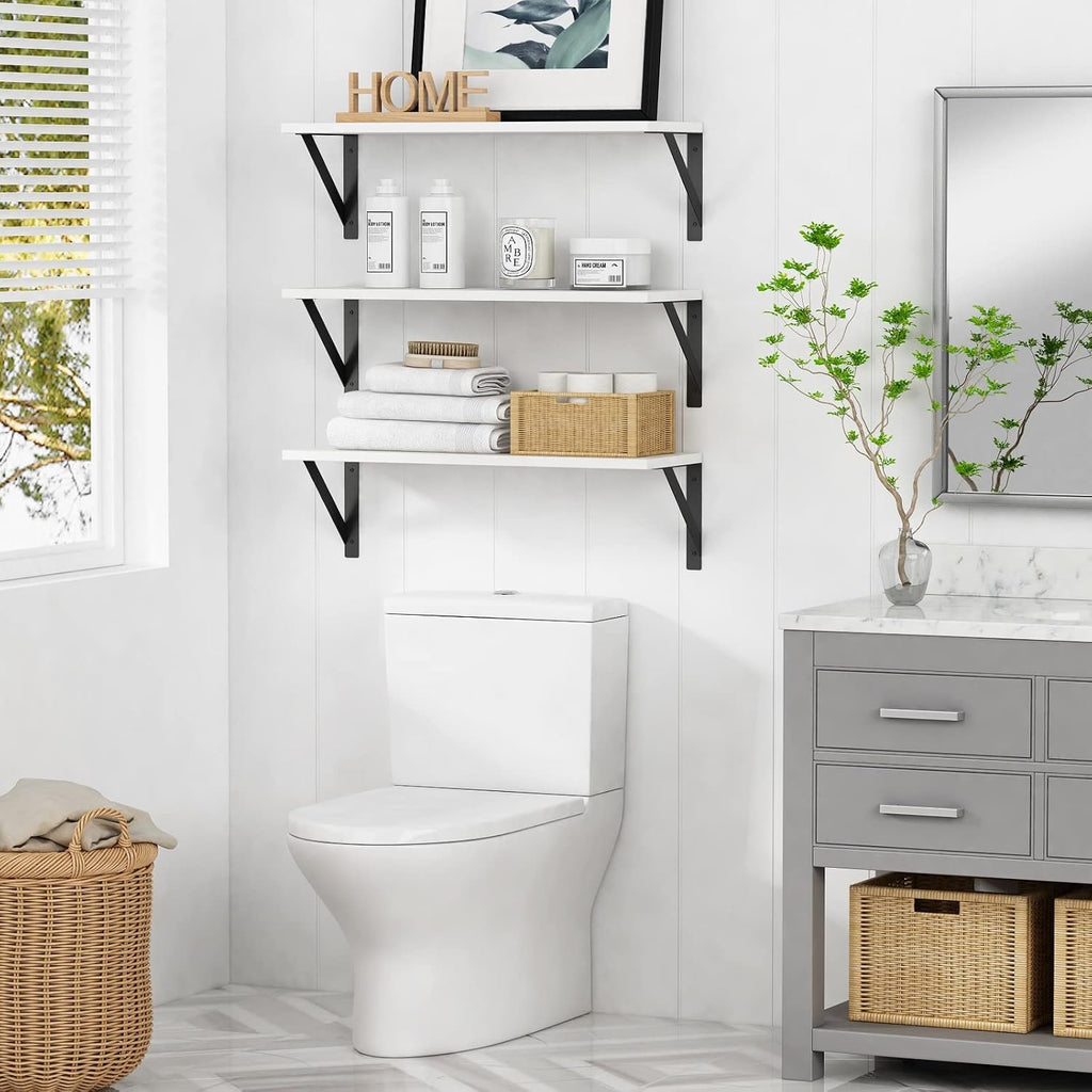 White Floating Shelves 24 inches Long Set of 3, 24 x 8 Inch Bathroom Wall Shelves Over Toilet for Towels, Modern Wood Mounted Storage Shelf for Bedroom Living Laundry Room Kitchen Office Closet