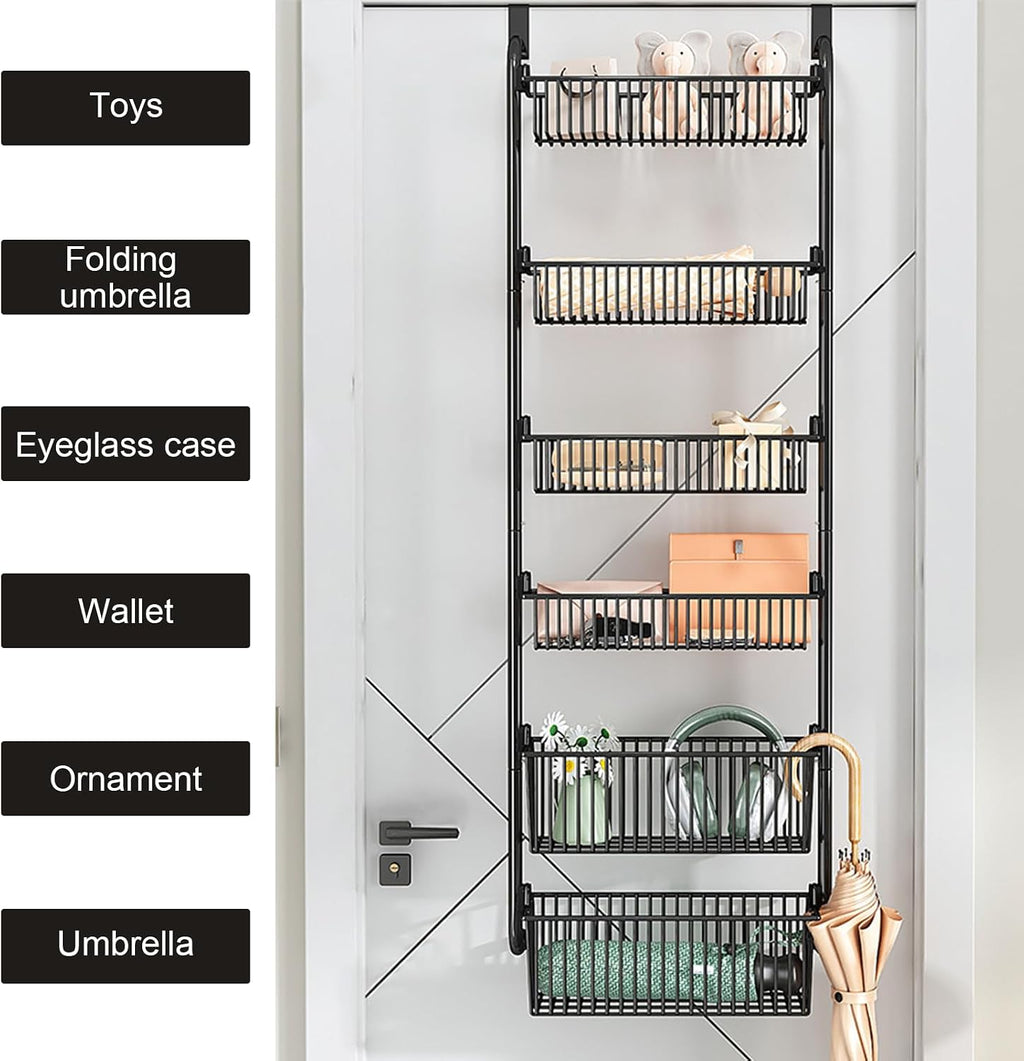 Over the Door Organizer, Metal Behind Door Hanging Storage, Toys Umbrellas Bags Organizer Rack, Large Capacity Organizer for Bedroom Bathroom Kitchen Pantry Closet Cabinet (Black,Six-Tier)