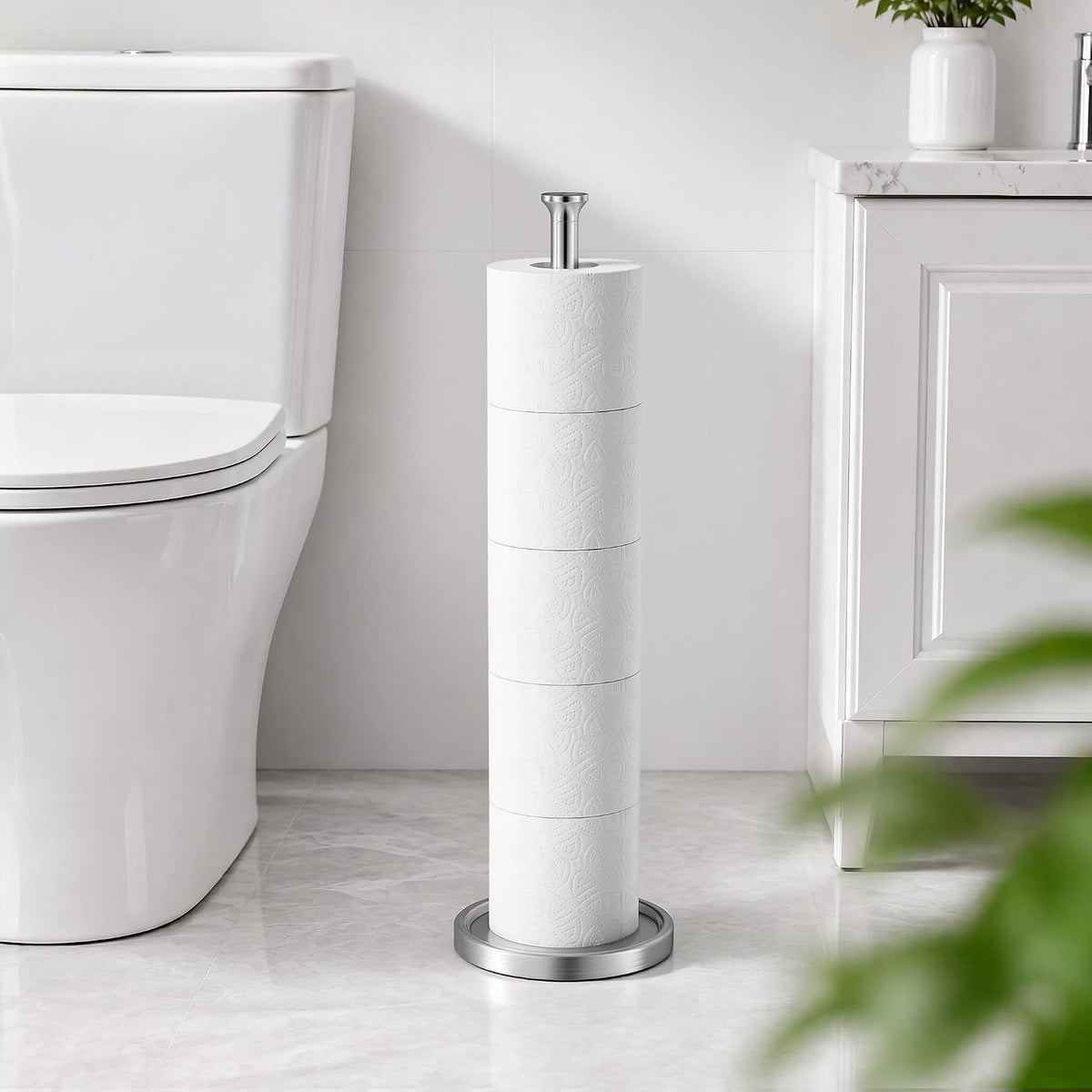 Toilet Paper Holder Stand, Free Standing Storage, Stainless Steel, Silver