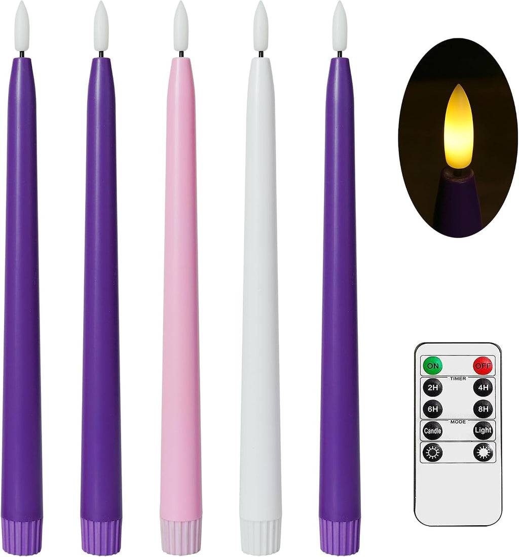 Stmarry Flameless Advent Candles, Set of 5 - Flickering LED Flame, 11 Inch Taper Candlesticks, Remote Controlled - 3 Purple, 1 Pink, 1 White for Christmas Wreath