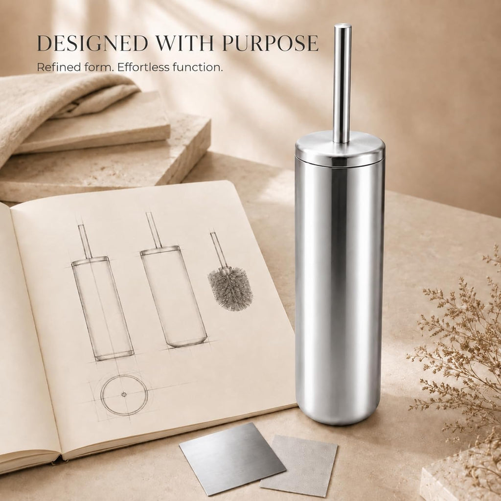 Chrome Toilet Brush and Holder Set，Extra Long Handled Toilet Bowl Brush and Holder，Stainless Steel Heavy Duty Toilet Brush for Bathroom,Deep Cleaning Modern Toilet Cleaner Slip Base