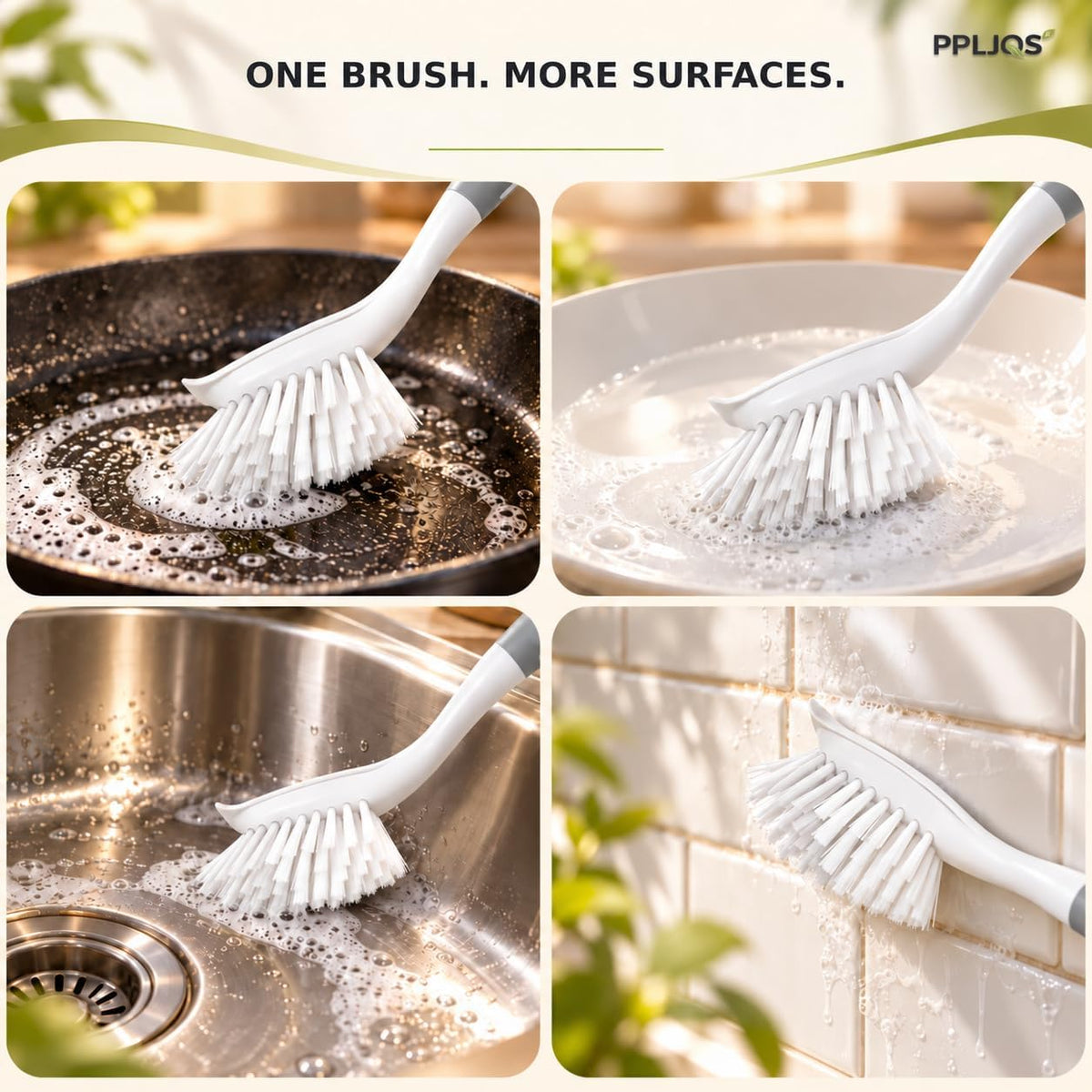 Dish Brush Scrub Brush with Handle - 3 Pack Stiff Bristles Dish Scrubber for Cleaning Dishes, Pots, Pans, Sink, Cast Iron - Hard Bristles,No Residue (Gray)