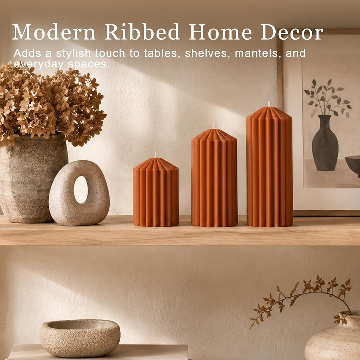 Ribbed Decorative Pillar Candles, 3 Pack,2.8 x 4/6/8 Inch, Burnt Orange