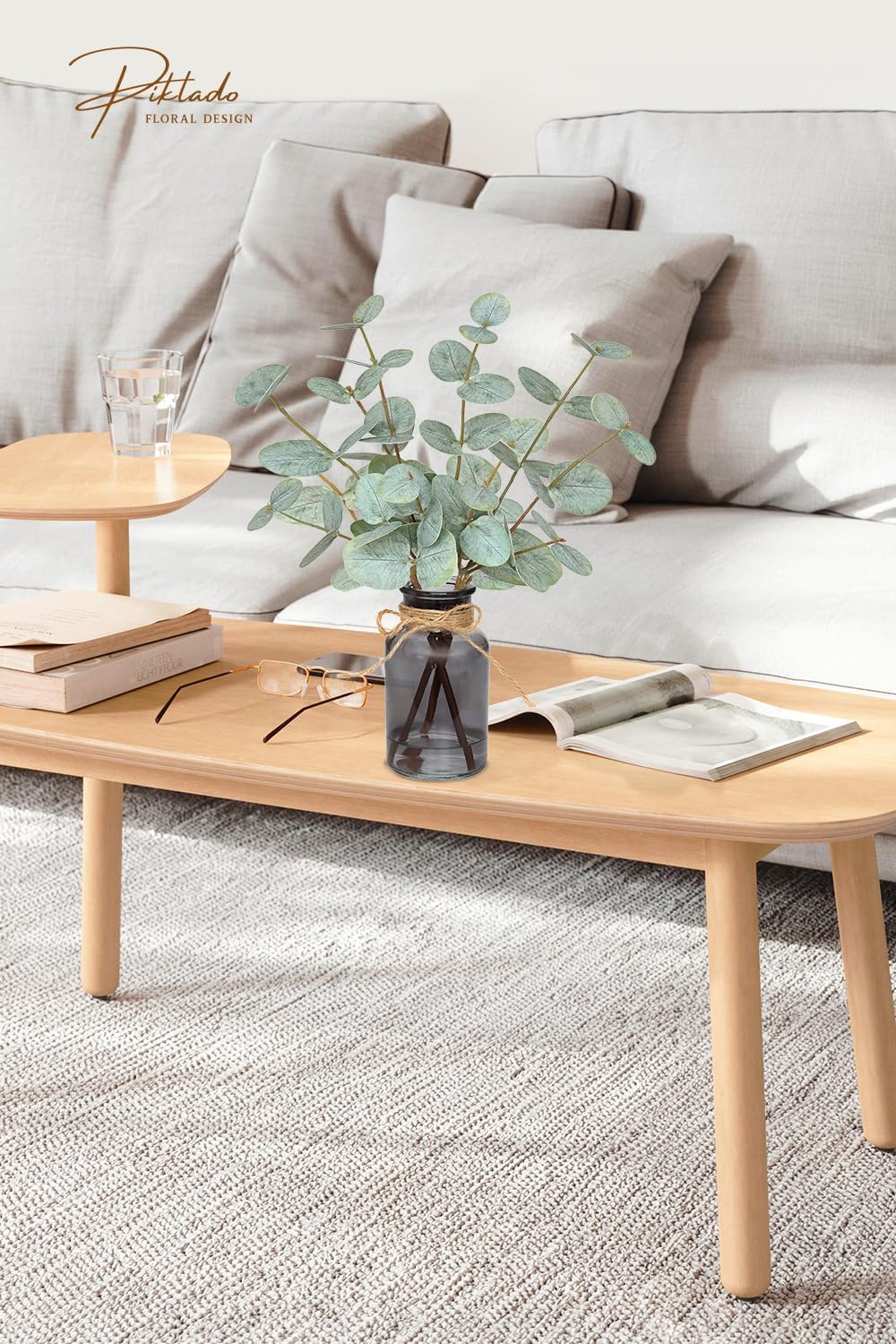 Artificial Eucalyptus Stems in Vase with Faux Water,Fake Plants for Bathroom,Coffee Table,Green Leaves for Centerpiece,Faux Greenery Plants Decorations.(Green-Black Bottle)