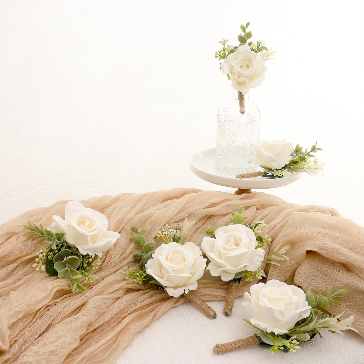 Gvhntk Ivory Rose Boutonniere for Men Wedding Set of 6 Groom Groomsmen Best Man Artificial Flowers Boutonniere for Wedding Ceremony Anniversary Prom Flowers Formal Dinner Party (6, White, Middle)