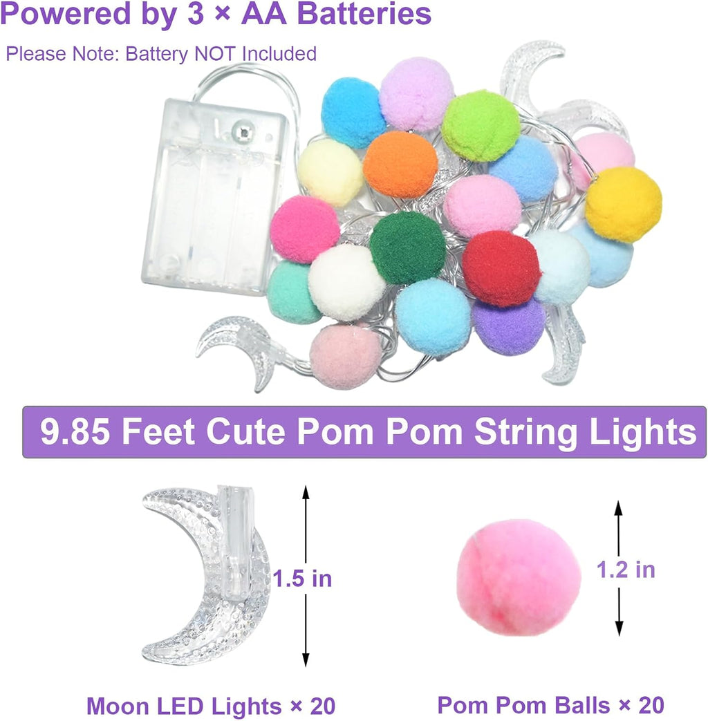 Colroful Moon Lights with Pom Poms Bedroom Decor Twinkle Lights