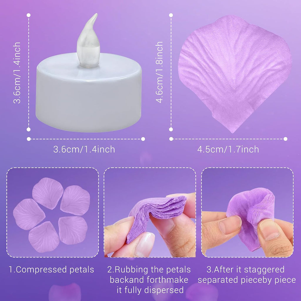 500Pcs Rose Petals with 12 LED Tea Lights Candles Set, Purple Artificial Rose Petals and Flameless Candles Set for Anniversary, Valentine's Day, Wedding Christmas Decor