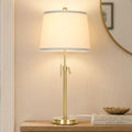 Modern Gold table Lamp 22" to 30"Adjustable Height 3 Brightness Way Brass Nightstand with White Linen Shade Pull Chain Pole Lights for Living Room Guest Bedroom End Table Office(Bulb Included, Single)