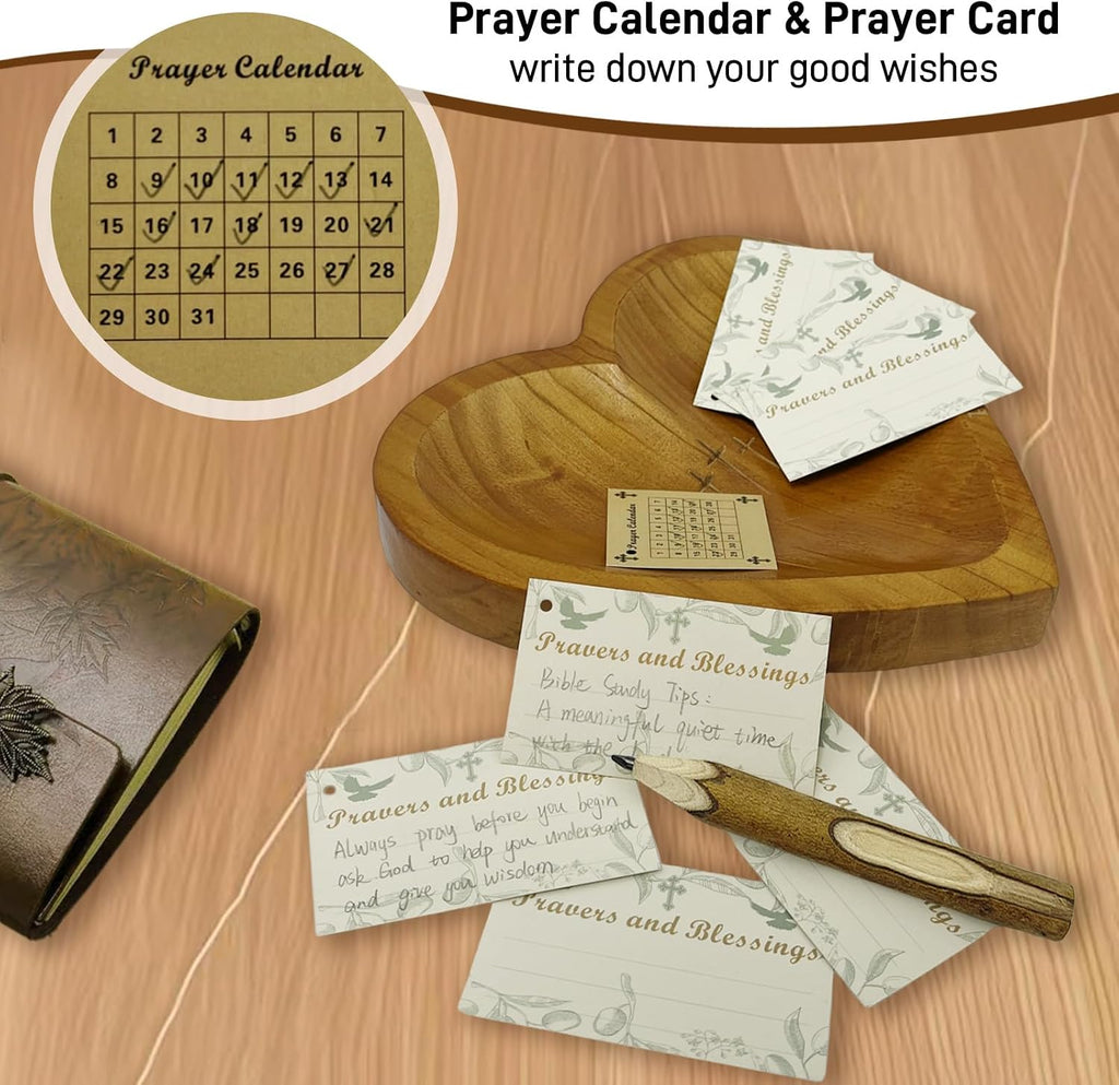 Wooden Heart Prayer Bowl with 30 Cards and Pencil, Christian Gift