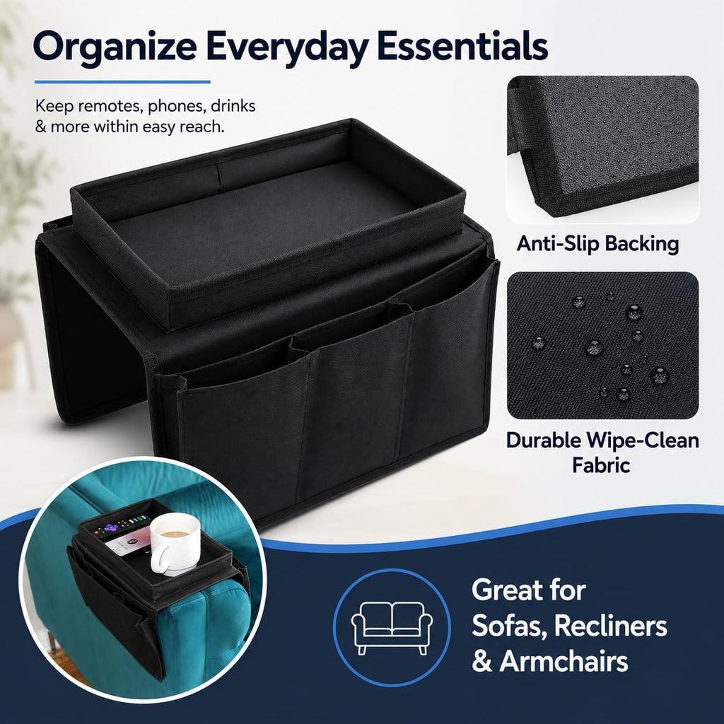 Dependable Industries inc. Essentials Sofa Armrest Organizer with Table - 5 Pockets, Anti-Slip Bottom, TV Remote Holder - Drapes Over Sofa Arm Relaxation and Convenience