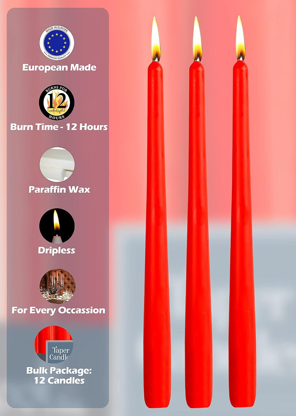 Hyoola 12 Pack Tall Red Taper Candles - 14 Inch Red Dripless, Unscented Dinner Candle - Paraffin Wax with Cotton Wicks - 12 Hour Burn Time