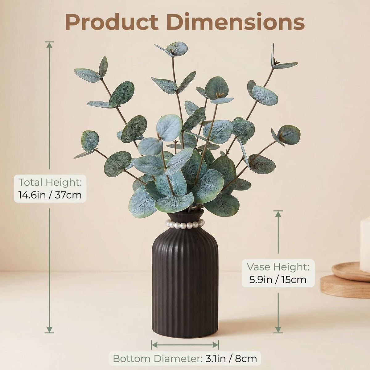 Artificial Eucalyptus Stems in Vase, Faux Plants with Frosted Ceramic Vase, Nordic Style Fake Green Plants with Bottle Set for Home Decor Indoor Centerpiece (Green Eucalyptus with Black Vase)